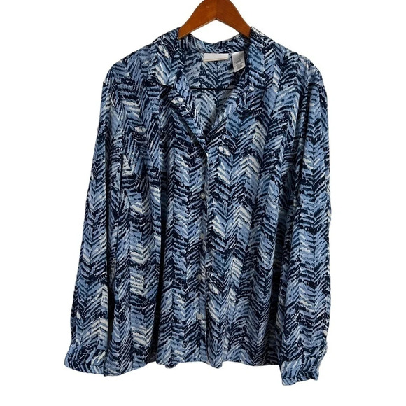 Alfred Dunner Blue Chevron Striped Button Up Blouse Plus Size 18W Long Sleeves - Picture 1 of 5